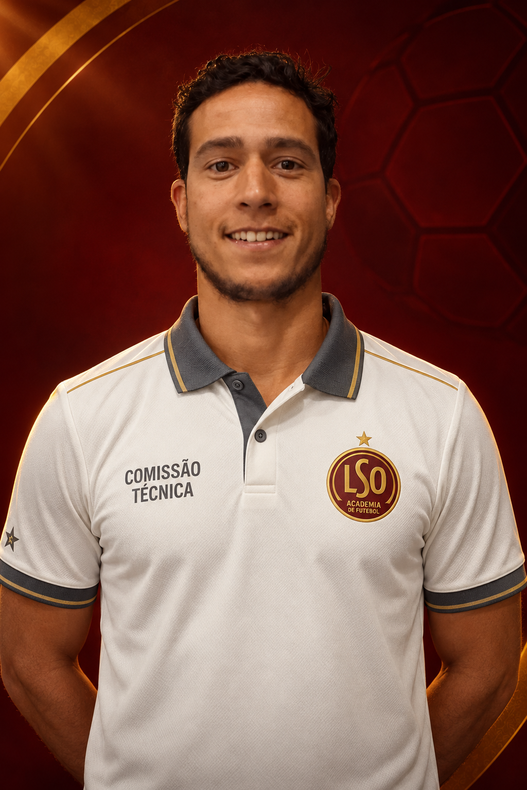 Luan Sales Oliveira vestindo o uniforme branco da comissão técnica LSO